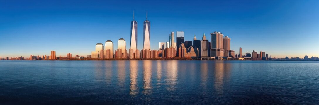 Panoramic view of a large city skyline with modern skyscrapers reflecting warm sunlight over calm blue water under a clear sky - Powered by Adobe