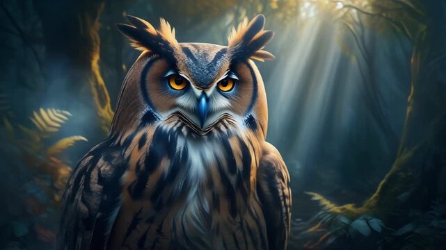 A majestic golden owl perches silently at dusk, its shimmering feathers glowing in warm light.