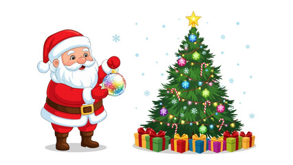 Santa Claus Adorning Christmas: Santa Claus, a jovial figure in his red suit, places a shimmering ornament upon a beautifully decorated Christmas tree, evoking the spirit of festive cheer and joy.