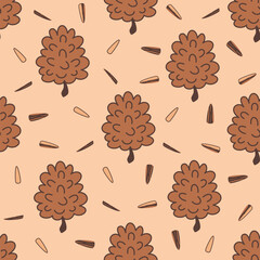 cute hand drawn cartoon pinecone with pine nuts seamless vector pattern illustration on beige background