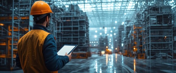 Worker wearing safety helmet and vest holding digital tablet inside large industrial warehouse with high shelves and bright overhead lighting