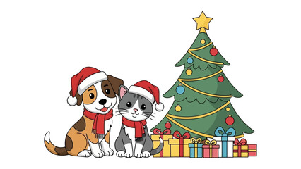 Joyous Companions: A heartwarming festive scene featuring a charming puppy and a cute kitten, both adorned in holiday attire, sit together by a decorated christmas tree. Surrounded by colorful gifts.