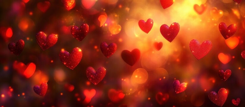 Glittering red hearts floating against a warm glowing orange and gold blurred background creating a romantic and festive atmosphere
