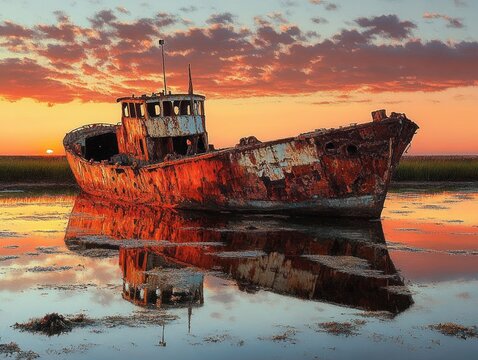 Rusty abandoned boat resting on calm reflective water with vibrant sunset sky and scattered clouds over marshland - Powered by Adobe