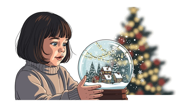 Magical Winter Wonder: A child gazes in wonder at a miniature winter scene encapsulated within a snow globe, filled with snowy landscapes and a festive christmas tree - Powered by Adobe