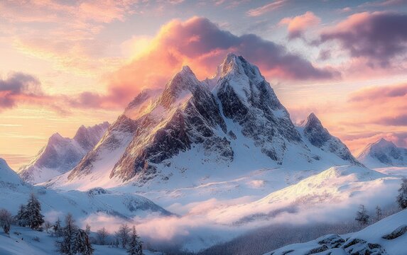 Snow-covered rugged mountain peaks bathed in warm light under a vibrant cloudy sky during sunrise or sunset with misty valleys and sparse pine trees below