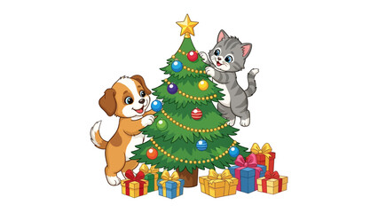 Festive Friends: A playful puppy and curious kitten decorate a Christmas tree, creating a heartwarming scene of holiday cheer.