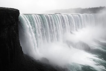 Fototapeta premium Majestic wide waterfall cascading over a cliff creating mist and powerful water flow in a natural landscape