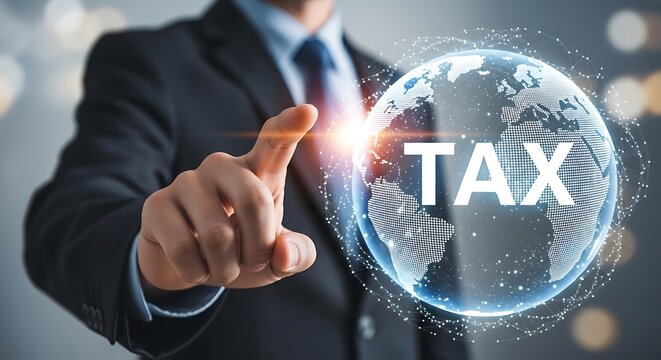 Businessman touching a glowing digital globe with the word tax displayed on it, representing global taxation and financial concepts