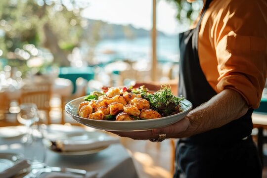 Waiter serving a plate of fried shrimp with greens in a sunlit outdoor restaurant setting near water