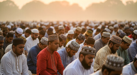 Wide shot of people with cap sitting down during religious service, representing faith, community, and tradition during a solemn moment
