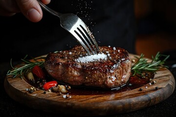 Juicy grilled steak on wooden board being seasoned with coarse salt, garnished with rosemary, chili pepper, peppercorns, and garlic cloves, creating a rich, appetizing scene