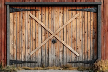 Naklejka premium Large weathered wooden barn door with black metal hinges and lock, surrounded by dry grass at the bottom, conveying rustic and aged atmosphere