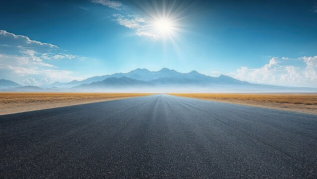 Empty straight road leading to distant mountain range under bright sun in clear blue sky with scattered clouds over dry grasslands