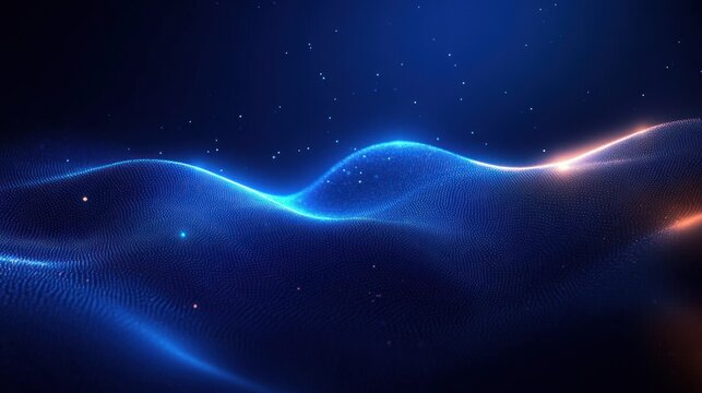 Abstract glowing blue wave form with light particles and smooth flowing digital landscape in dark background