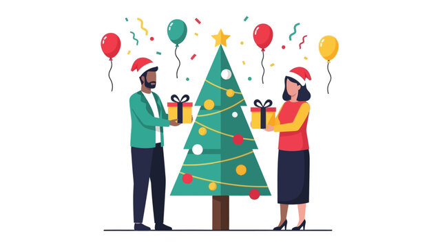 Festive Gift Exchange: A joyous celebration unfolds as a couple exchanges Christmas gifts beneath a beautifully decorated tree, symbolizing the spirit of togetherness and festive cheer.