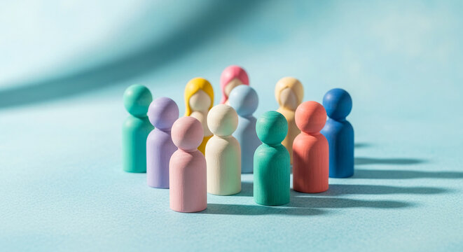 Group of colorful wooden figures on light blue surface, symbolizing community, diversity, and teamwork, ideal for concepts about society and inclusion