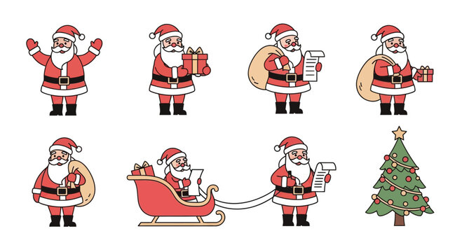 Collection of various Santa Claus illustrations, showcasing different poses and activities related to Christmas.