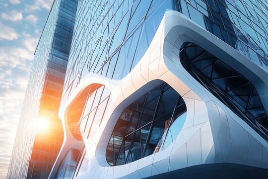 Modern high-rise building with futuristic design featuring large curved glass windows and smooth white structural elements reflecting sunlight