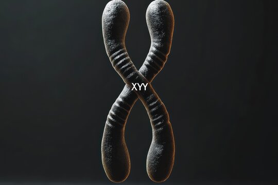 Close-up realistic 3D illustration of a single chromosome labeled XYY against a dark background showing detailed texture and structure