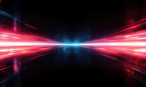 Futuristic tunnel glowing with intense red and blue light streaks converging towards a bright blue center, creating a sense of speed and motion - Powered by Adobe