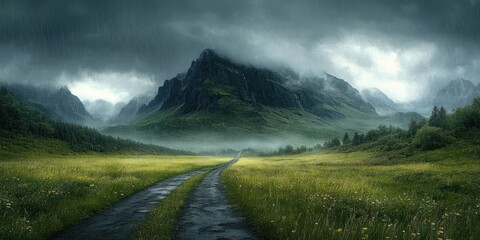 Empty wet dirt road winding through a lush green meadow under dark stormy skies with rain, leading towards mist-covered rugged mountains in the background