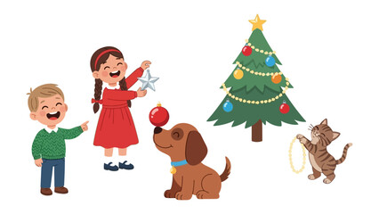 Festive Merriment: Children and pets collaborate to decorate a Christmas tree, creating a scene of holiday spirit, joy, and togetherness. 