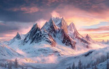 Majestic snow-covered mountain peaks under a colorful sunset sky with mist and fog settling in the valleys below