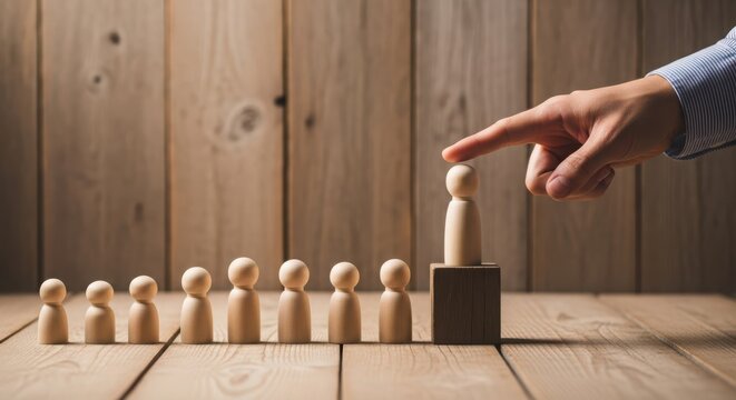 Hand pointing at a wooden peg doll standing out from the rest