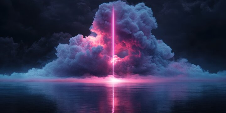 Bright vertical pink light beam piercing dense dark clouds reflected on calm ocean surface at dusk - Powered by Adobe