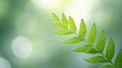 Close-up of vibrant green fern leaf with detailed texture against soft focused natural light background