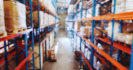 Empty warehouse, shelf and above with blur for package, stock and inventory for supply chain....