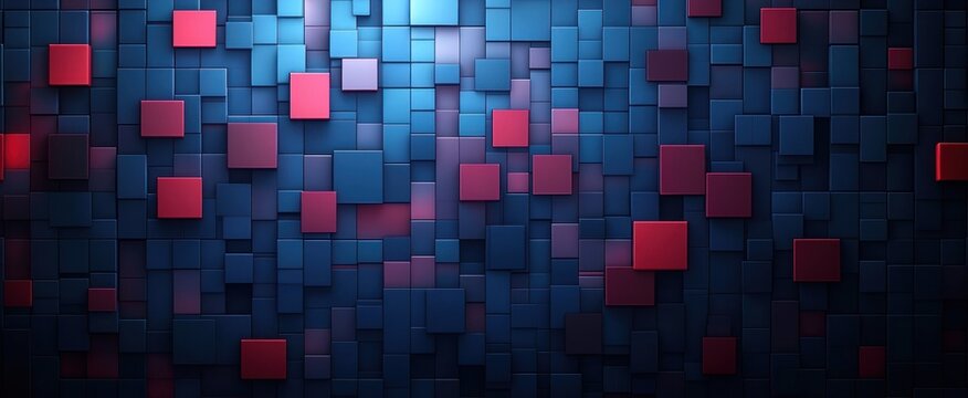 abstract 3D digital background with various sized blue and red cubes creating a futuristic and dynamic textured pattern
