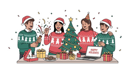 Holiday Gathering: A festive holiday scene, a cheerful group, dressed in matching sweaters, gathers around a decorated tree, exchanging gifts and sharing laughter.