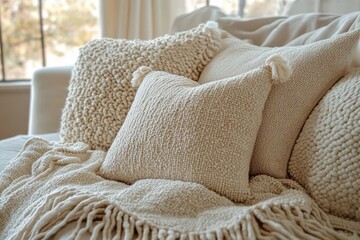 Cozy beige knitted and tufted pillows arranged on a soft beige textured blanket on a comfortable sofa near a bright window