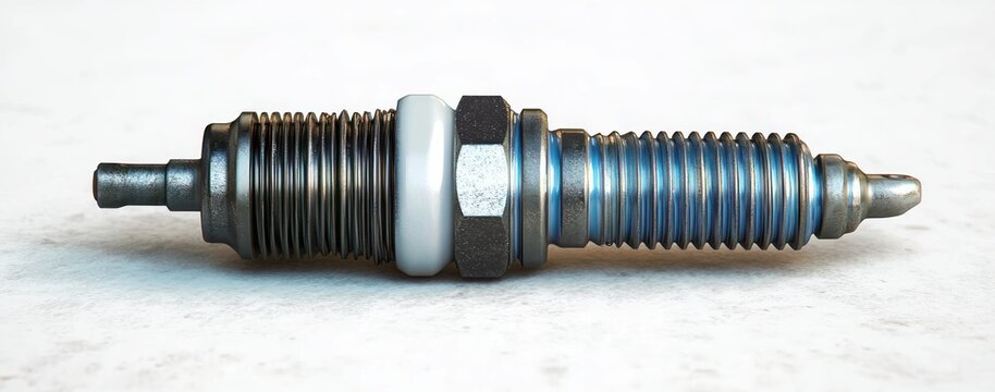 Close-up of a metal spark plug with grooves and a hexagonal center nut on a light textured surface - Powered by Adobe