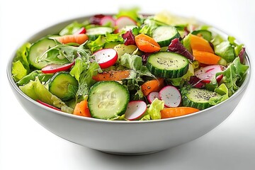 Fresh mixed vegetable salad with sliced cucumbers, radishes, carrots, and leafy greens in a white bowl
