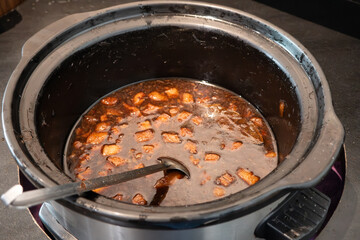 Braised pork belly meat over cooked rice.