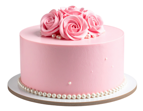 Elegant pink birthday cake with buttercream roses and pearls, isolated on a transparent background, PNG - Powered by Adobe