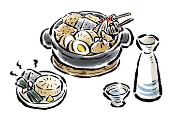 おでんで晩酌　筆タッチ手描きイラスト