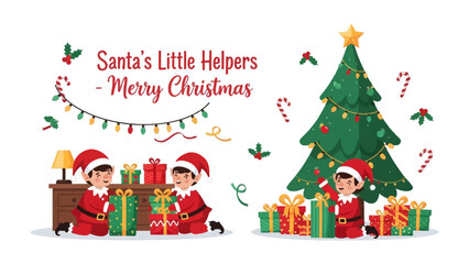 Christmas Elf's Festive Joy: Cute elves surround a decorated christmas tree and gift boxes, sharing the spirit of christmas, embodying joy, and generosity.