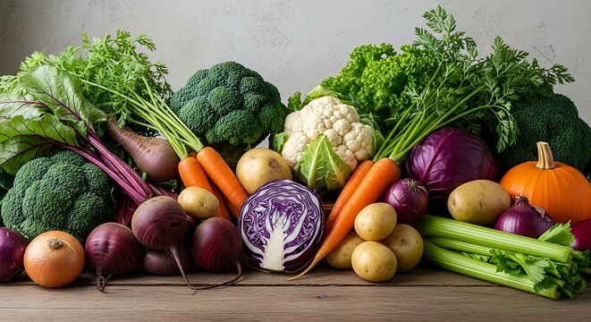 A vibrant collection of fresh and colorful vegetables arranged on a rustic wooden surface creating a healthy food composition.