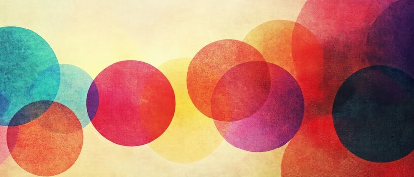 Abstract composition of overlapping transparent circles in vibrant red, orange, yellow, blue, and purple hues on a textured light background evoking warmth and energy - Powered by Adobe