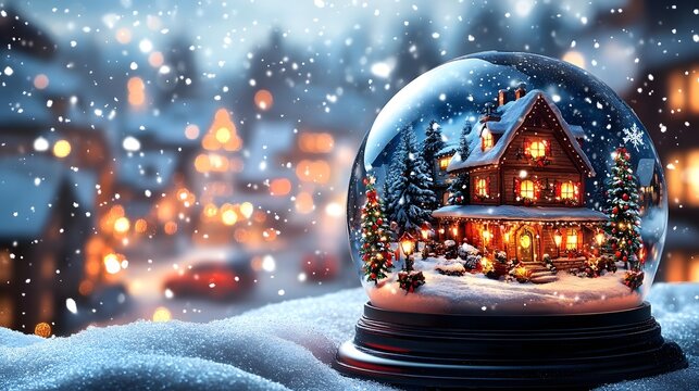 Beautiful snow globe featuring a cozy winter cabin with lights during a snowy evening