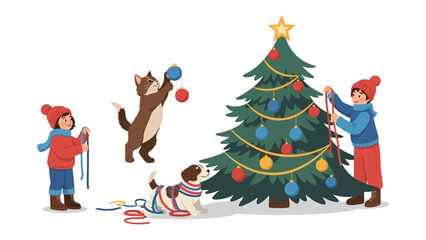Fototapeta premium Decorating the Season: A heartwarming scene unfolds as a cat, a dog, and two children work together to adorn a Christmas tree, creating festive cheer.