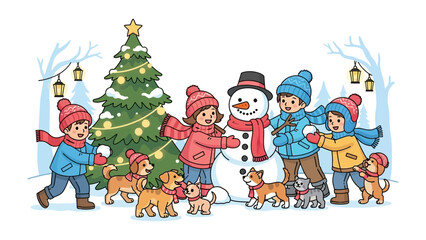 Festive Winter Wonderland: A joyful winter scene unfolds as children and their playful canine companions gather around a snow-covered snowman near a decorated Christmas tree. 