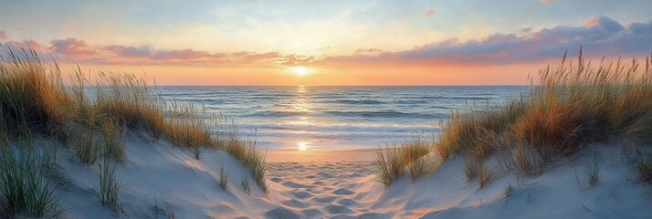 peaceful sandy beach between tall grass dunes overlooking calm ocean waves during vibrant sunset with colorful sky