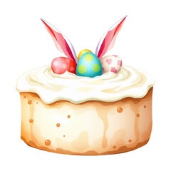 Easter cake with white frosting, bunny ears and eggs, watercolor painted illustration in cozy warm colors, isolated on white, simple holiday vector design for holiday decor.