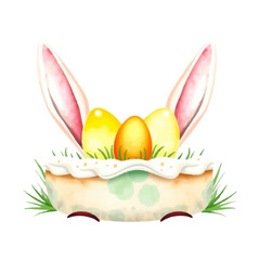 Easter cake with white frosting, bunny ears and eggs, watercolor painted illustration in cozy warm colors, isolated on white, simple holiday vector design for holiday decor.