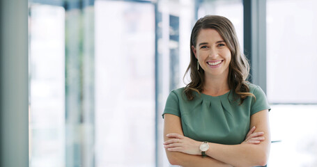 Happy woman, portrait or corporate management with confidence in office for career development. Female person, employee or manager with space or arms crossed for job opportunity or pride in workplace